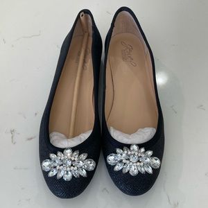 Jewel Badgley Mischka Black Flats with Crystal Embellishment